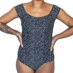 NWT Janela Bay Bardot One Piece Strappy Back Swimsuit Black White Dots Size XXXL